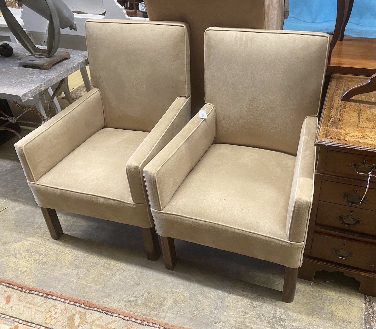 A pair of contemporary club chairs in faux suede fabric, width 62cm, depth 79cm, height 95cm